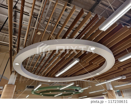 Ceiling with ventilation pipes and lights in industrial building Ceiling with ventilation pipes and lights in industrial building 117238631
