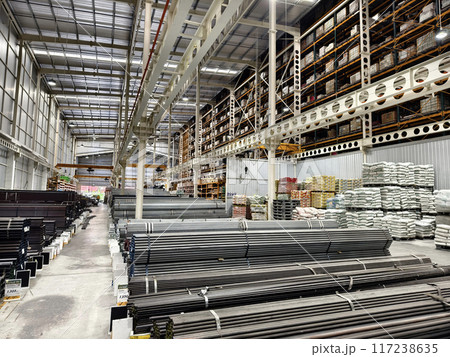 A big warehouse packed with numerous metallic nets and profile A big warehouse packed with numerous metallic nets and profile 117238635