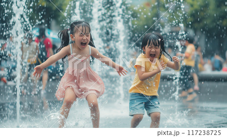 噴水で遊ぶ3人の日本人の友達 噴水で遊ぶ3人の日本人の友達 117238725