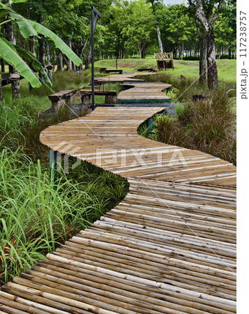 A wooden walkway in a park surrounded by trees and grass near a watercourse 117238757