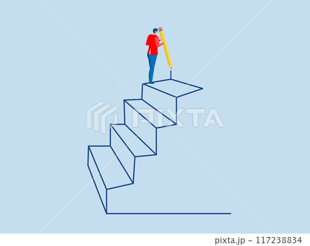 Businessman holding large pencil and drawing stairs upwards.success Concept business vector illustration. Businessman holding large pencil and drawing stairs upwards.success Concept business vector illustration. 117238834