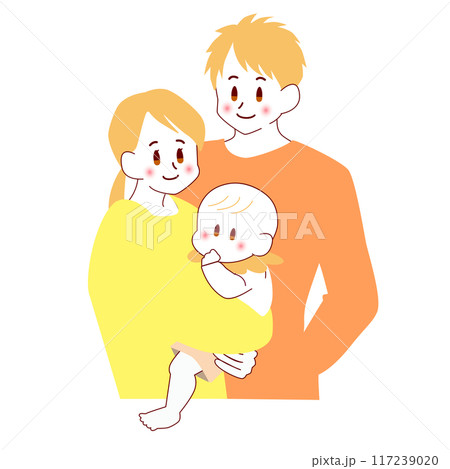 赤ちゃんを抱っこする若い夫婦のカラーイラスト 117239020