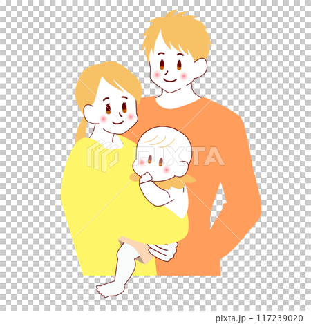 Color illustration of a young couple holding a baby 117239020