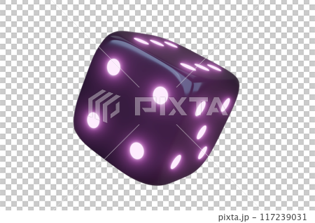 Casino gambling game dice. Iridescent dice with neon colors. Purple dice. 3d render Casino gambling game dice. Iridescent dice with neon colors. Purple dice. 3d render 117239031