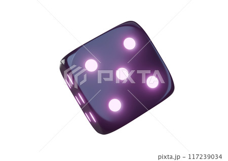 Casino gambling game dice. Iridescent dice with neon colors. Purple dice. 3d render Casino gambling game dice. Iridescent dice with neon colors. Purple dice. 3d render 117239034