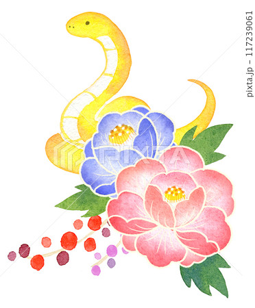 水彩で描いた干支のヘビと花の巳年年賀状素材 117239061