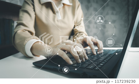 Internet connection concepts and database management, woman is typing keyboard on laptop, cloud computing, big data, Internet of things, online shopping and cashless society 117239230