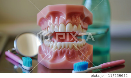 歯の模型と検査器具のクローズアップ 117239632