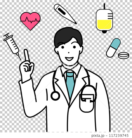 Smiling male doctor pointing and medical icon 117239745