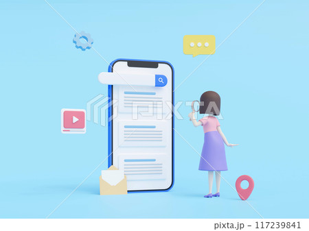 3DCG|スマートフォンでwebサイトや動画やメールや地図を検索する若い女性 3DCG|スマートフォンでwebサイトや動画やメールや地図を検索する若い女性 117239841