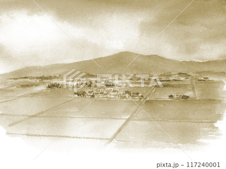 山と田園風景　セピア色 117240001