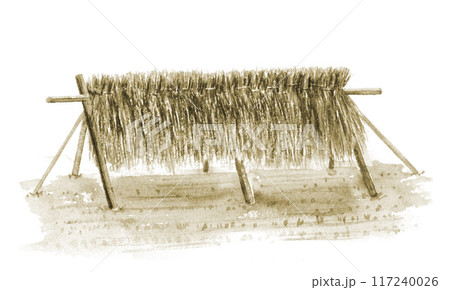 はぜ掛け、掛け干し米 セピア色 はぜ掛け、掛け干し米 セピア色 117240026