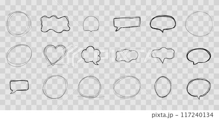 Speech bubble frame scribble fast hand drawing, pent or marker drawing. Comic sketch border, highlight. Cloud, heart, circle bubble chat, text box. 117240134