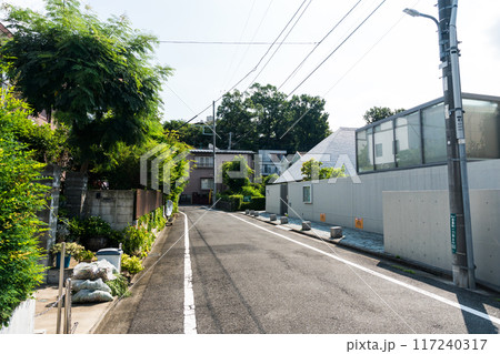 京王線つつじヶ丘駅東側の住宅街 実篤公園脇の路地 夏晴れの青空 東京都調布市 京王線つつじヶ丘駅東側の住宅街 実篤公園脇の路地 夏晴れの青空 東京都調布市 117240317
