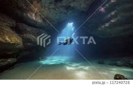 Diver in an underwater cave 117240728