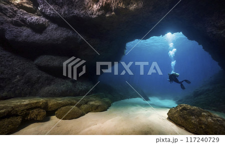 Diver in an underwater cave 117240729