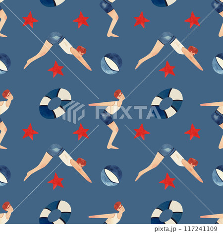 An athlete - a man in a white T-shirt and blue swimming trunks jumps into the water, surrounded by life preservers and starfish. Seamless watercolor pattern, hand drawn. Vintage style. Blue background 117241109