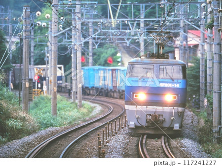 早朝の東海道本線を走る貨物列車 117241227