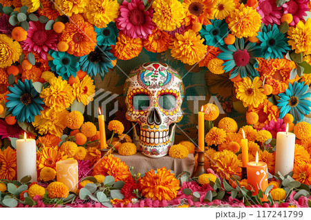 Vibrant Day of the Dead altar adorned with marigolds, candles, and a decorated sugar skull, celebrating Mexican tradition 117241799
