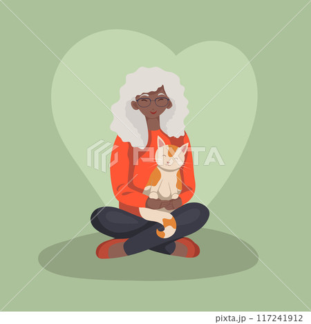 Vector flat illustration of old african volunteer woman with a cat. Hobbies for pensioners. Adoption and rescue of homeless animals. 117241912