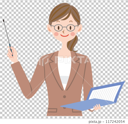プレゼンするスーツの女性のイラスト　ビジネス 教師　講師 117242054