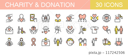 チャリティや寄付に関するアイコンセット カラー チャリティや寄付に関するアイコンセット カラー 117242506