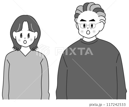 驚く初老夫婦のモノクロイラスト 117242533