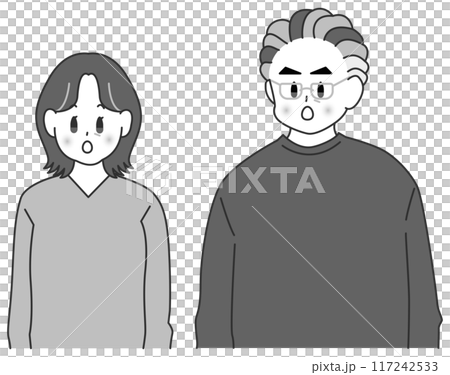 驚く初老夫婦のモノクロイラスト 117242533