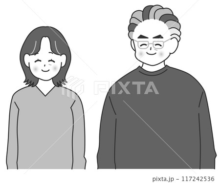 笑顔の初老夫婦のモノクロイラスト 117242536