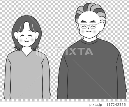 笑顔の初老夫婦のモノクロイラスト 117242536