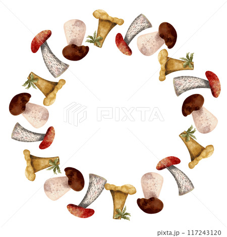 Watercolor forest mushrooms round wreath 117243120