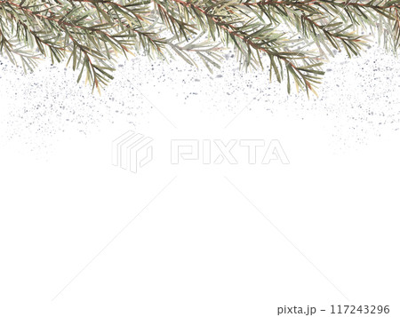 Spruce, fir branch with needles banner. It is snowing in winter. Christmas fir tree twig watercolor hand drawn illustration. Xmas or New year festive greeting card template on isolated background. Spruce, fir branch with needles banner. It is snowing in winter. Christmas fir tree twig watercolor hand drawn illustration. Xmas or New year festive greeting card template on isolated background. 117243296