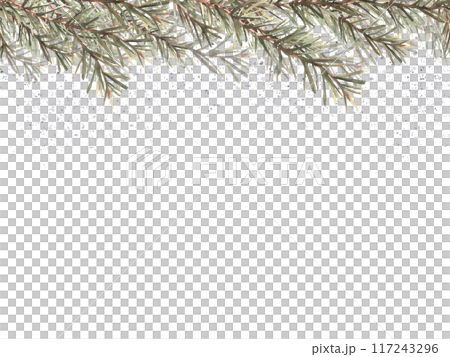 Spruce, fir branch with needles banner. It is snowing in winter. Christmas fir tree twig watercolor hand drawn illustration. Xmas or New year festive greeting card template on isolated background. Spruce, fir branch with needles banner. It is snowing in winter. Christmas fir tree twig watercolor hand drawn illustration. Xmas or New year festive greeting card template on isolated background. 117243296