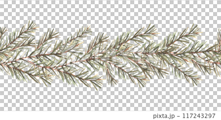 Pine or fir tree branches seamless border, pattern. Spruce evergreen with needles. Winter forest watercolor Christmas tree twig painted illustration for fabric, wrapping paper on isolated background Pine or fir tree branches seamless border, pattern. Spruce evergreen with needles. Winter forest watercolor Christmas tree twig painted illustration for fabric, wrapping paper on isolated background 117243297