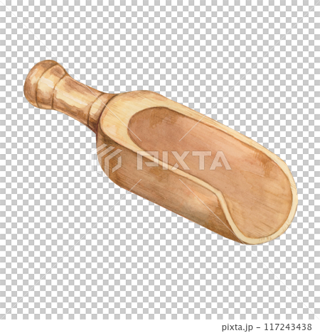 Wooden spoon in watercolor. Hand drawn clipart of empty wooden spatula in rustic style. Design of kitchen utensil for printing, packaging, design isolated on white background Wooden spoon in watercolor. Hand drawn clipart of empty wooden spatula in rustic style. Design of kitchen utensil for printing, packaging, design isolated on white background 117243438
