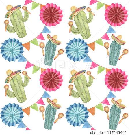 Seamless pattern with Cinco de Mayo hand drawn elements in watercolor. Colorful cacti with maracas and fiesta flowers tiles. Repeat clip arts for printing, textile, apparel, wrapping, paper, packaging 117243442