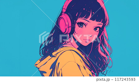 ヘッドホンで音楽を聴く女の子 117243593