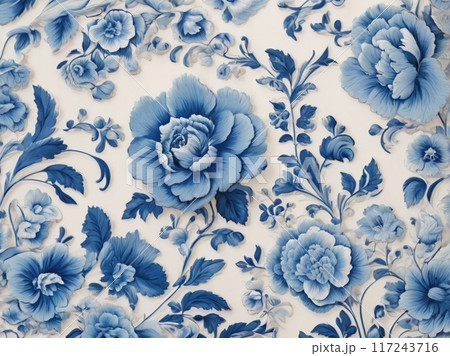 大きな花が描かれている青と白の背景 117243716