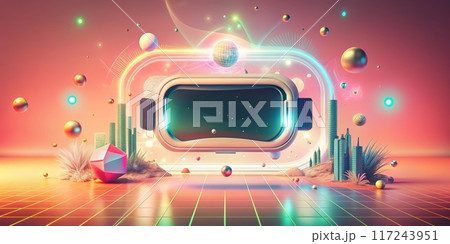 Futuristic Virtual Reality Headset with Neon Lights and Abstract Digital Landscape in a Sci-Fi Setting 117243951