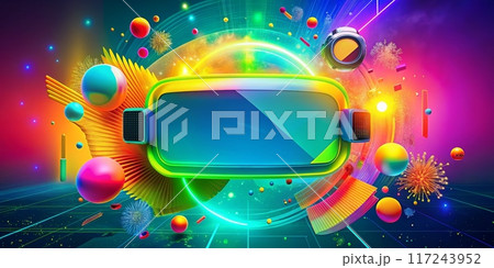 Futuristic Virtual Reality Headset with Vibrant Neon Colors and Abstract Digital Elements 117243952