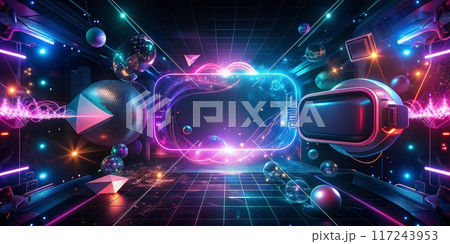 Futuristic Virtual Reality Concept with Neon Lights and Digital Elements in a Sci-Fi Environment 117243953