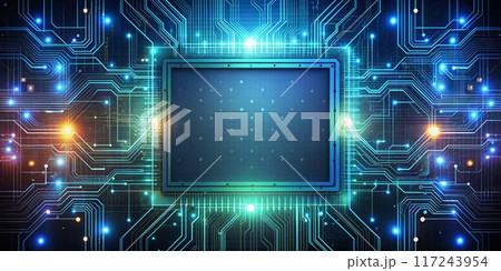 Futuristic Digital Circuit Board with Glowing Lights and Central Processor Chip 117243954