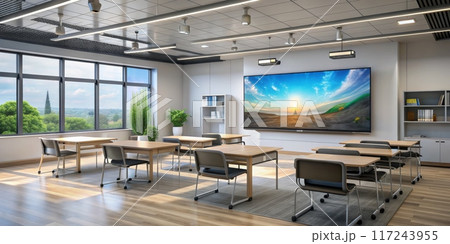 Modern Classroom with Large Interactive Screen and Natural Light from Large Windows 117243955