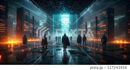 Futuristic Cyberpunk Cityscape with Hooded Figures and Neon Lights in a Dystopian Setting 117243958
