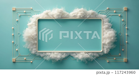 Futuristic Digital Frame with Cloud and Circuit Board Elements on a Turquoise Background 117243960