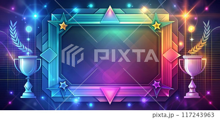 Vibrant Geometric Frame with Trophy Cups and Colorful Lights on Dark Background for Awards and Achievements 117243963