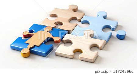 Colorful Wooden Puzzle Pieces Assembling Together on White Background 117243966