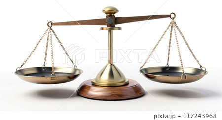 Golden Balance Scale on Wooden Base Representing Justice and Equality in a White Background Golden Balance Scale on Wooden Base Representing Justice and Equality in a White Background 117243968