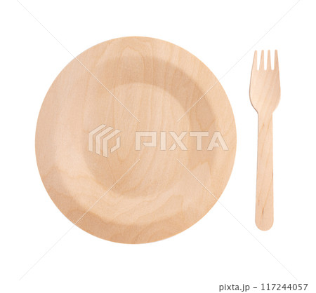 disposable tableware isolated on white, wooden fork and plate disposable tableware isolated on white, wooden fork and plate 117244057