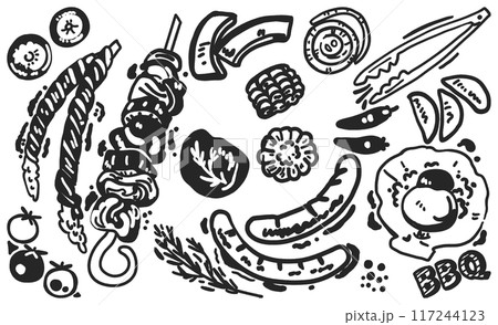 ボリューム満点　バーベキュー食材　アイコン　セットのストックイラスト素材	 117244123